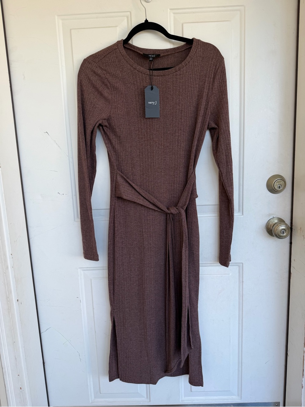 Very J Women's Ribbed Knit Midi Long Sleeve Tie Waist Midi Dress Size M